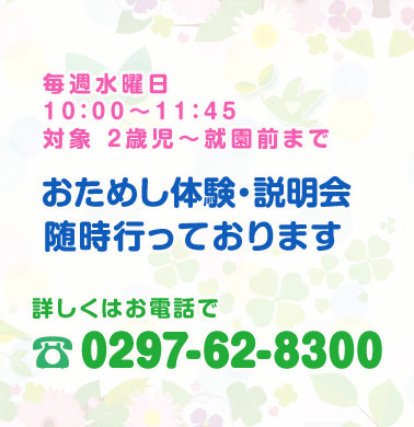 毎週水曜日10時から11時45分。対象：2歳児～就園前まで。おためし体験・説明会 随時行っております。詳しくはお電話で。電話番号：0297-62-8300